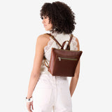 Cognac Small | Model wearing square slim leather tote backpack 