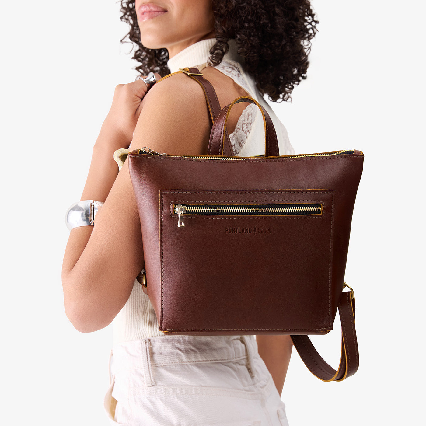 Cognac*Small | Model wearing square slim leather tote backpack 