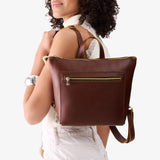 Cognac Small | Model wearing square slim leather tote backpack 