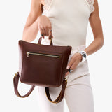 Cognac Small | Model wearing square slim leather tote backpack 