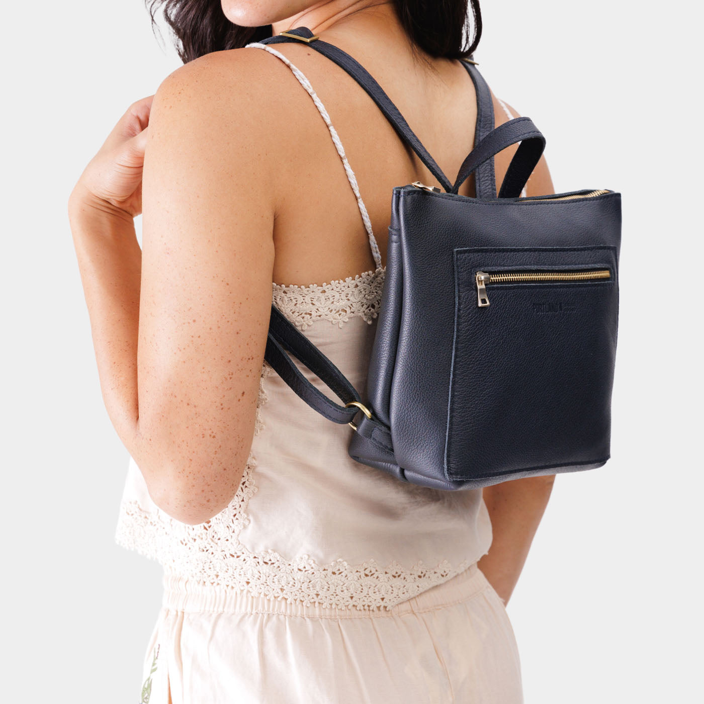 Night Owl*Small | Model wearing square slim leather tote backpack 