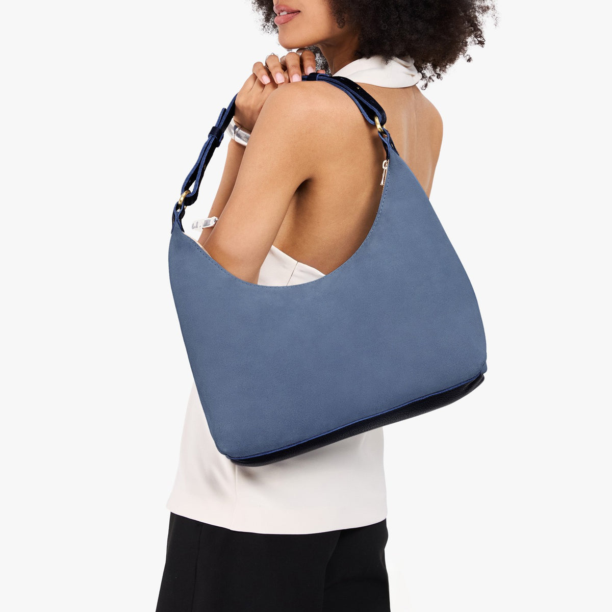 Denim*Small*Classic | U-shaped shoulder bag with adjustable strap and fringe detail