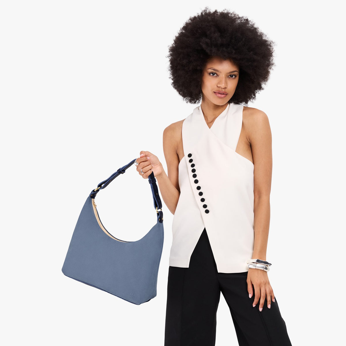 Denim*Small*Classic | U-shaped shoulder bag with adjustable strap and fringe detail