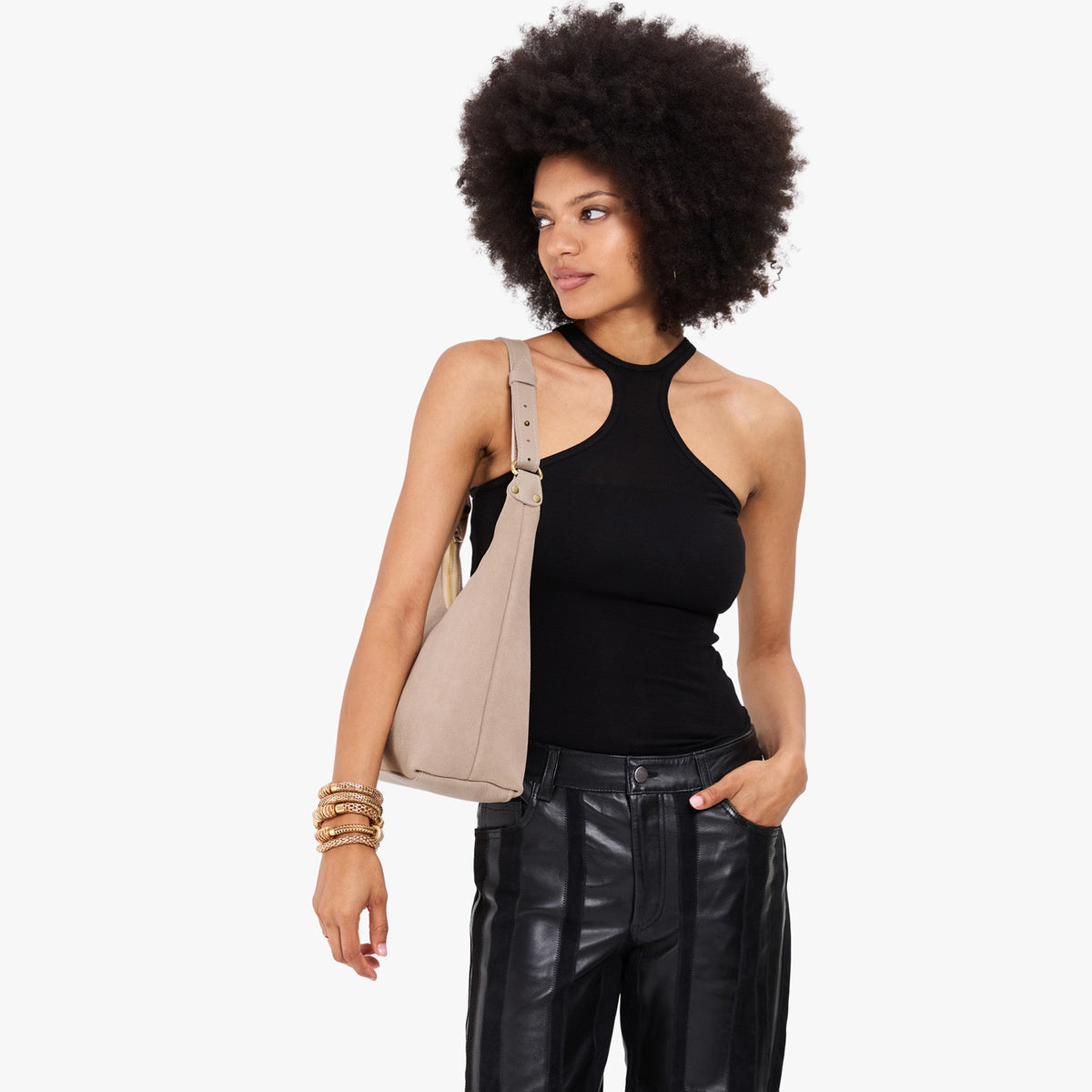 Taupe*Small*Classic | U-shaped shoulder bag with adjustable strap and fringe detail