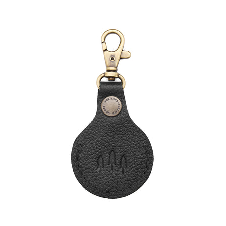 Pebbled--black | Round leather AirTag holder with snap closure and swivel lobster claw clasp