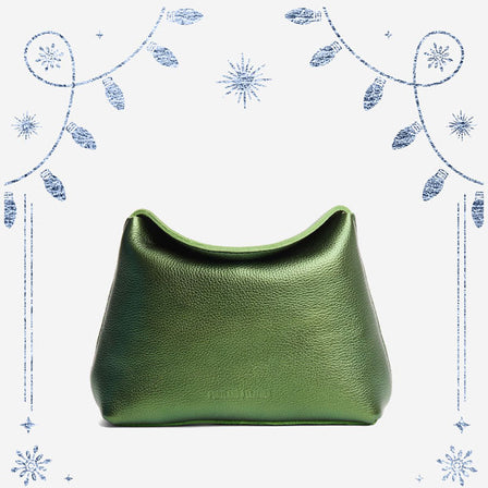 Metallic Greench | Leather pouch with a folded magnetic closure