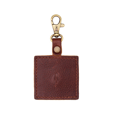 Nutmeg | Square-shaped leather AirTag holder with snap closure and swivel lobster claw clasp