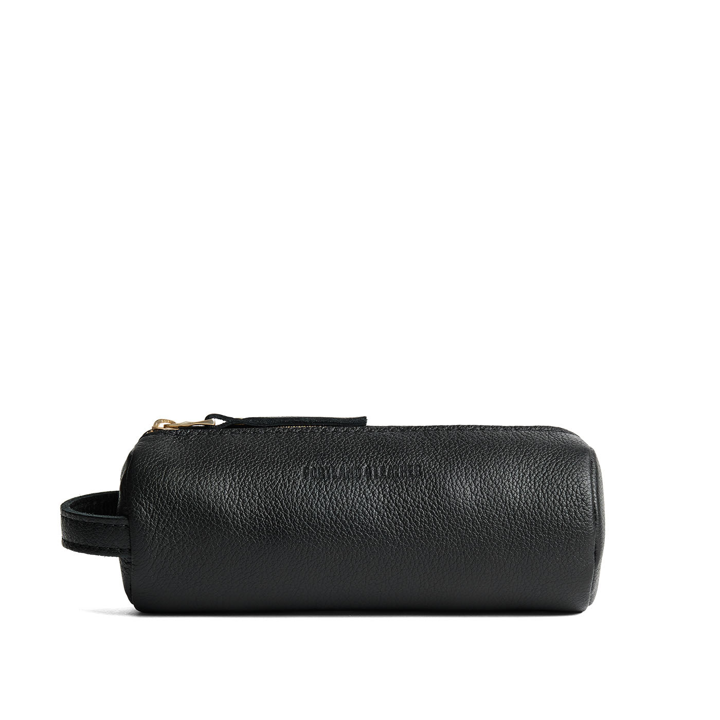 Pebbled--black | Cylindrical leather pouch with zipper and handle