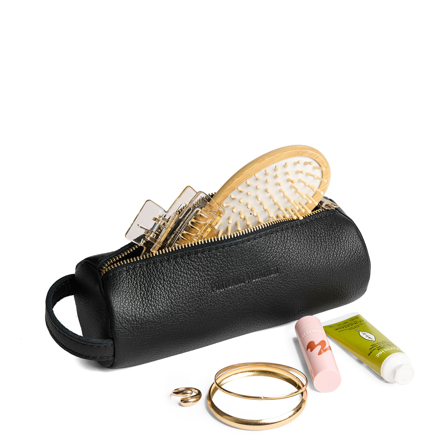 Pebbled--black | Cylindrical leather pouch with zipper and handle