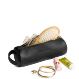 Pebbled--black | Cylindrical leather pouch with zipper and handle