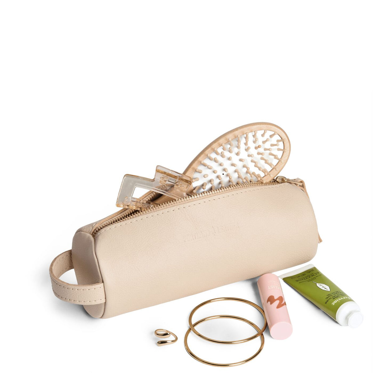Pebbled Bone | Cylindrical leather pouch with zipper and handle