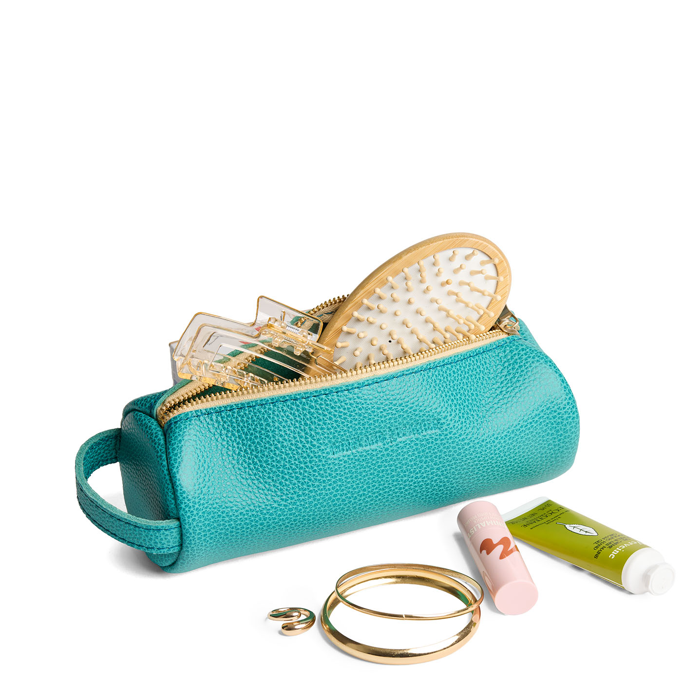Seafoam | Cylindrical leather pouch with zipper and handle