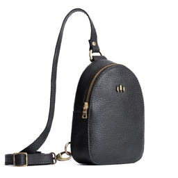 Pebbled--black | Small sling bag with zipper closure and adjustable strap