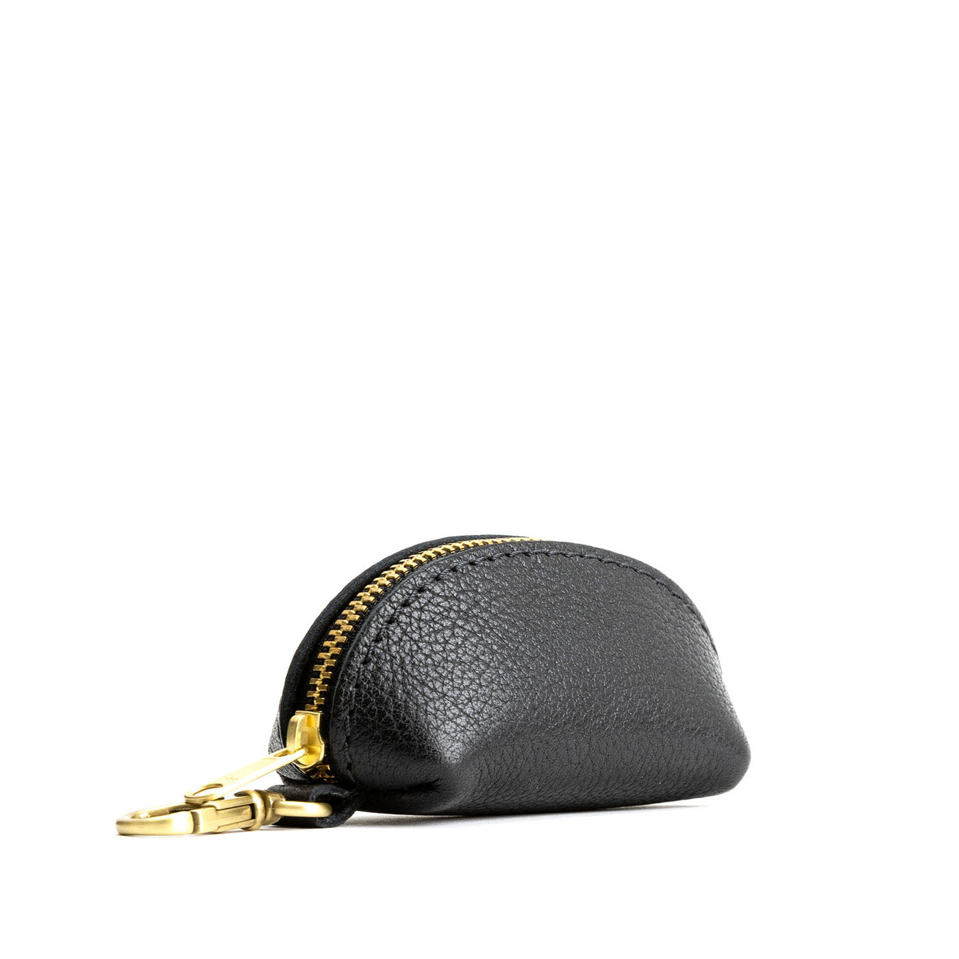 Pebbled--black | Taco shaped leather pouch with zipper and swivel lobster clasp on white background