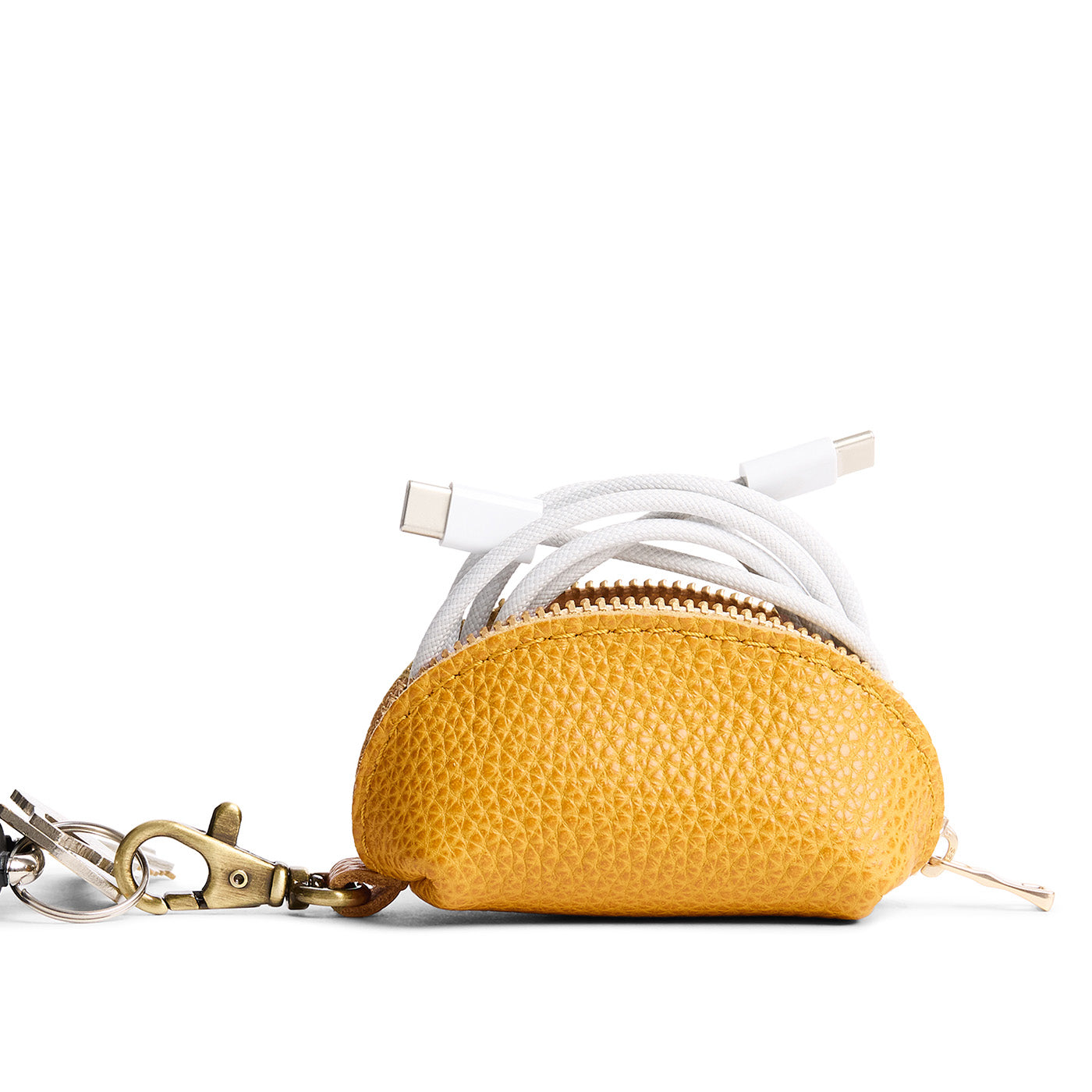 Sunshine | Taco shaped leather pouch with zipper and swivel lobster clasp on white background