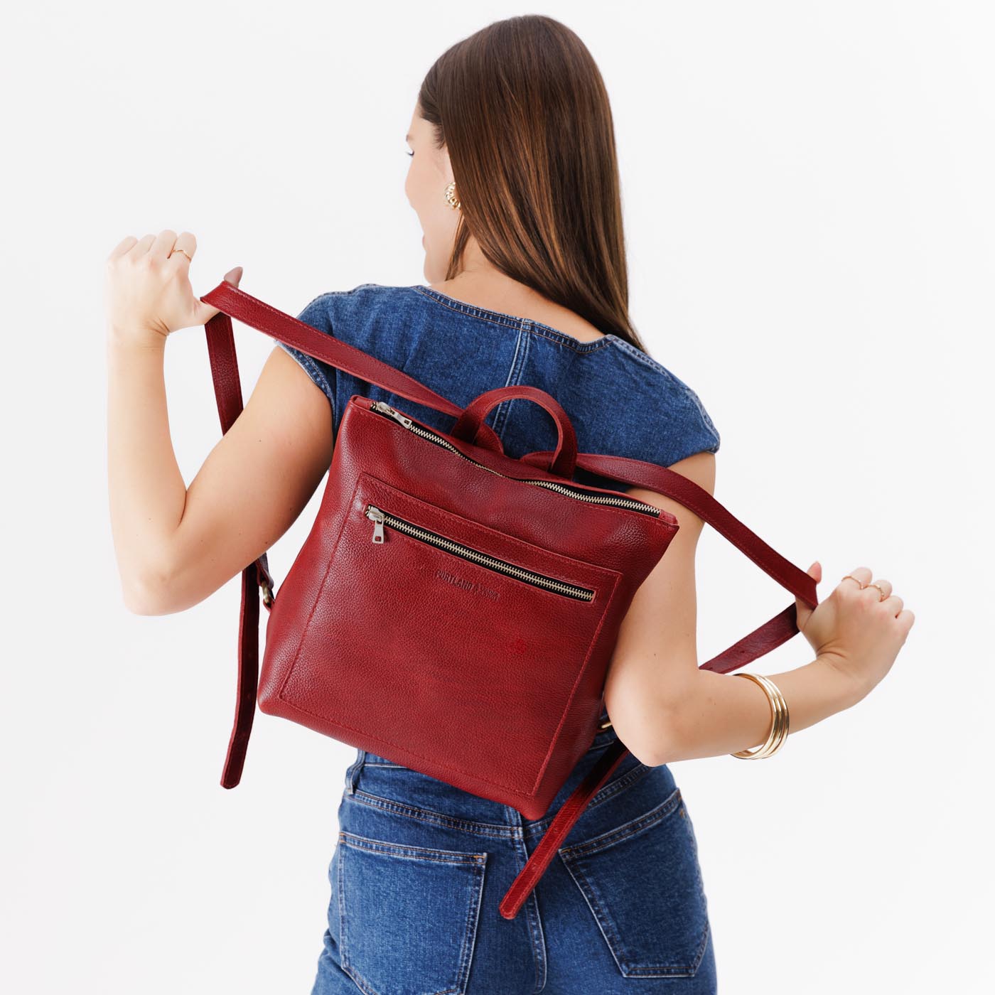 Chili Red*Classic | Square slim leather tote backpack