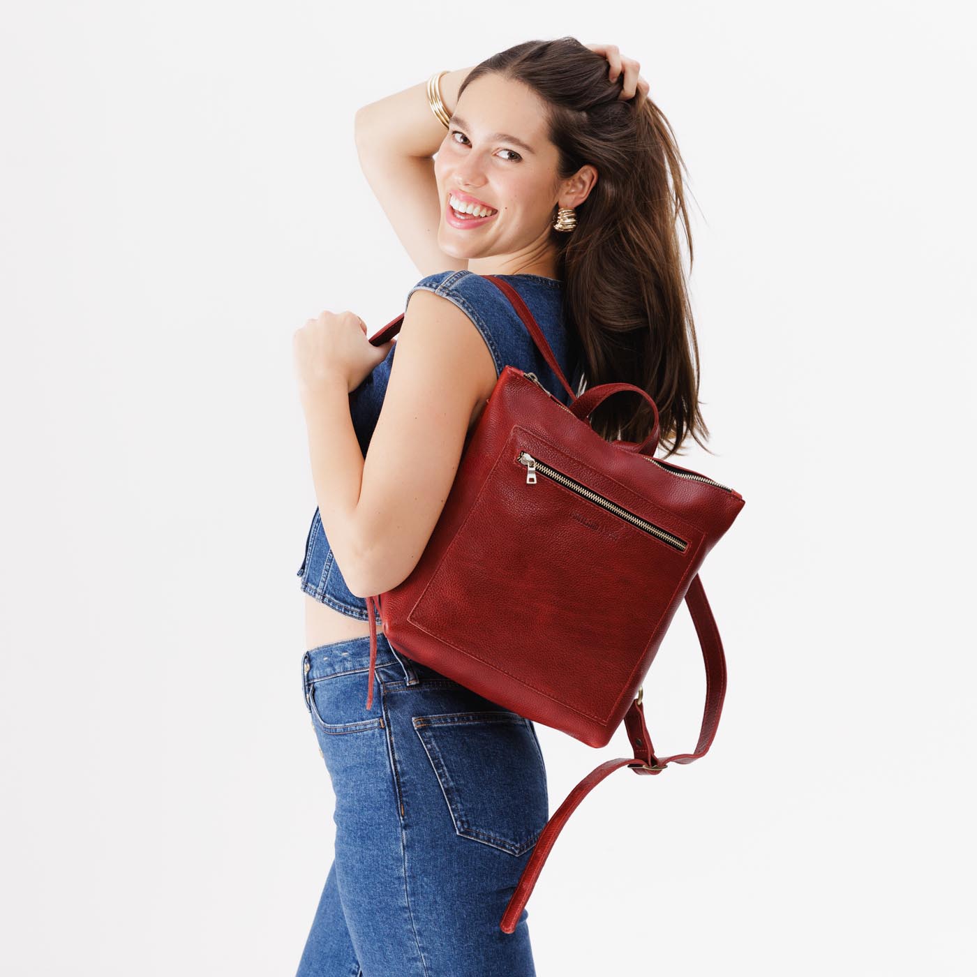 Chili Red*Classic | Square slim leather tote backpack