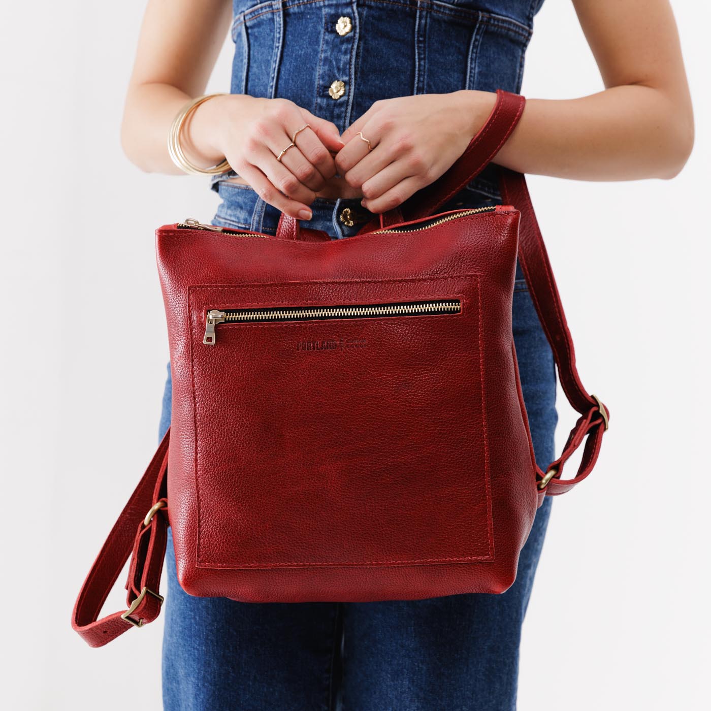 Chili Red*Classic | Square slim leather tote backpack