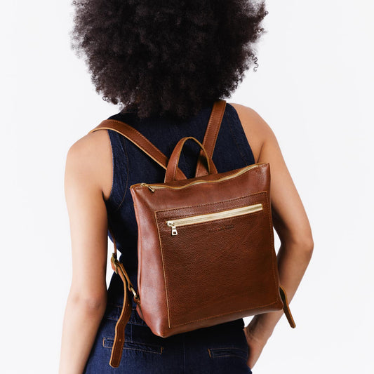 All Color: Nutmeg*Classic | Model wearing square slim leather tote backpack