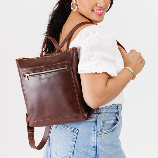 All Color: Cognac*Classic | Model wearing square slim leather tote backpack