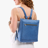 Cornflower | Model wearing square slim leather tote backpack