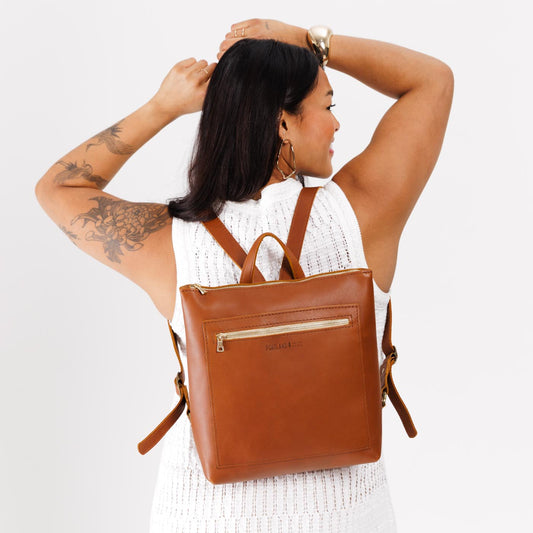 All Color: Honey*Classic | Model wearing square slim leather tote backpack