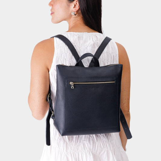 Night Owl*Classic | Model wearing square slim leather tote backpack 