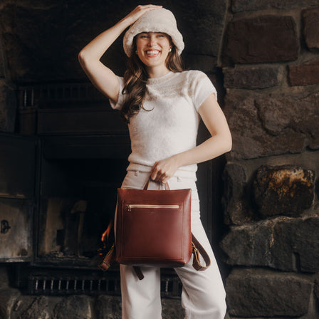 Nutmeg*Small | Small square slim leather tote backpack
