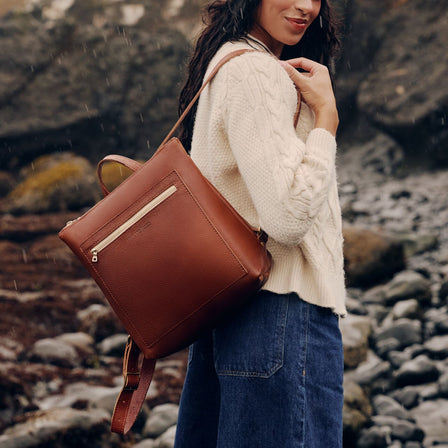 Nutmeg*Small | Small square slim leather tote backpack