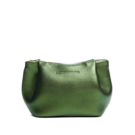 Metallic Greench | Leather makeup bag with folded sides and zipper closure