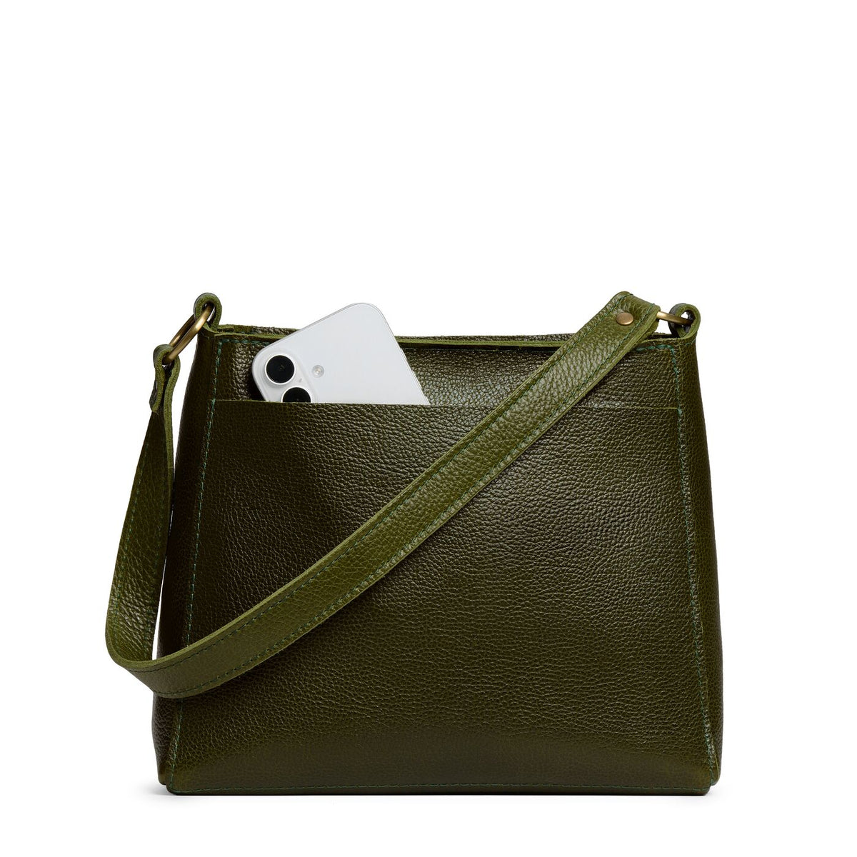 Pebbled Olive*Small | Triangular shoulder bag with antiqued brass finished hardware