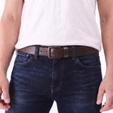 Java | Mens smooth leather belt with antique brass buckle on model