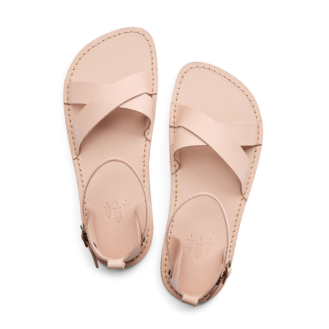 Crema | Flat leather sandals with ankle straps and debossed PLG three tree logo in sole