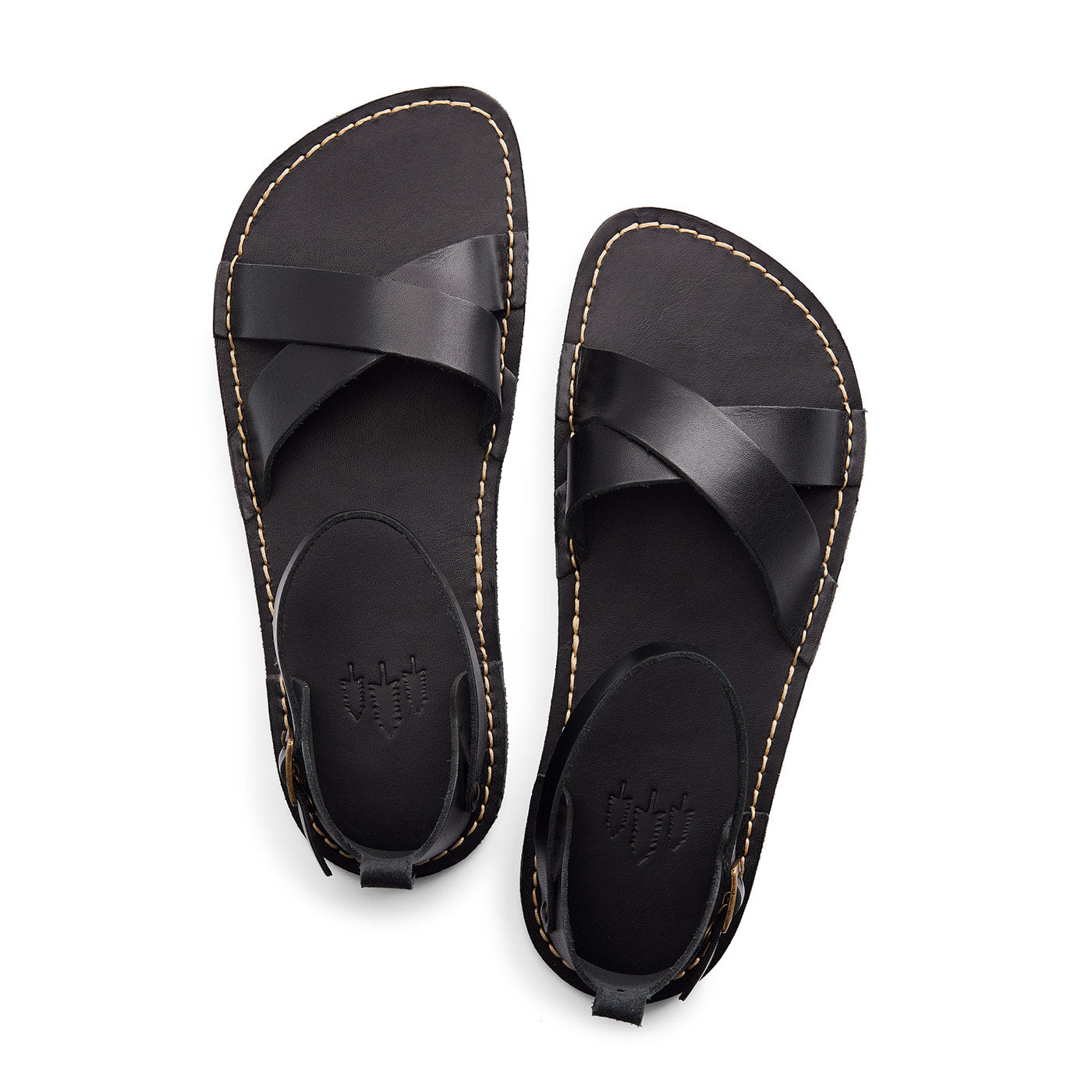 Nero | Flat leather sandals with ankle straps and debossed PLG three tree logo in sole