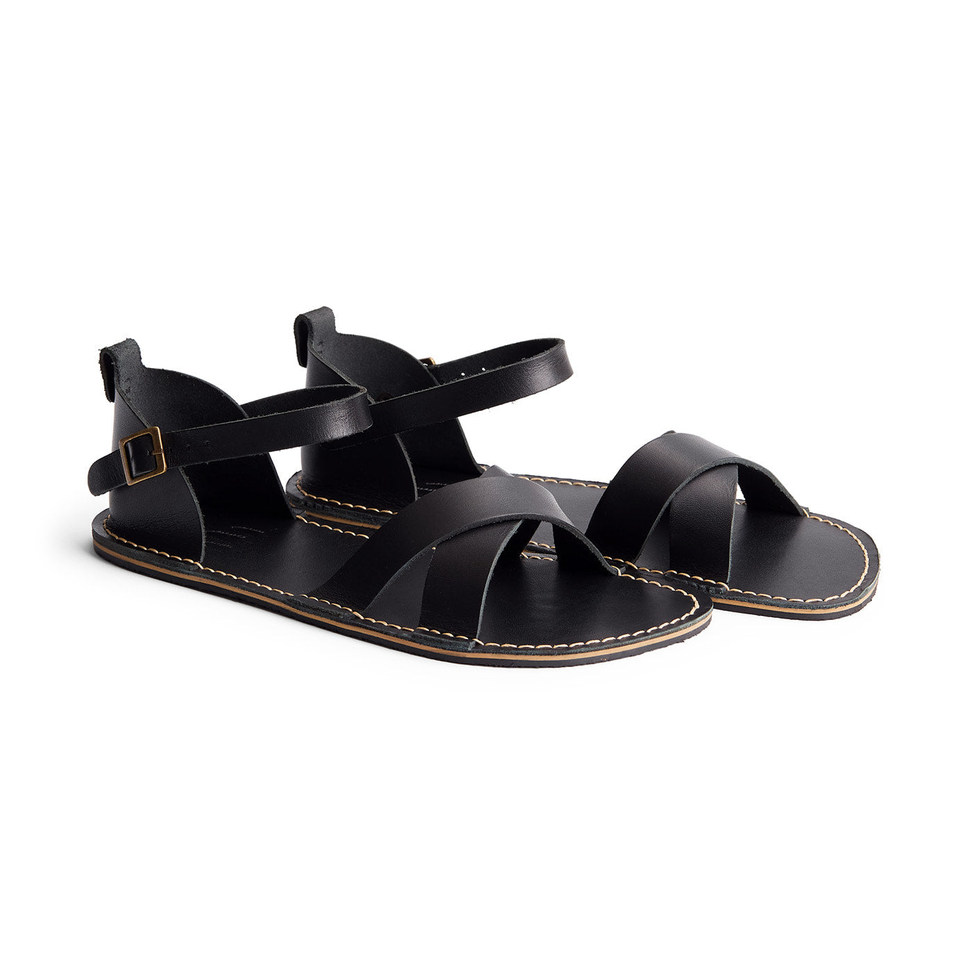 Nero | Flat leather sandals with ankle straps and debossed PLG three tree logo in sole