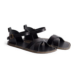 Nero | Flat leather sandals with ankle straps and debossed PLG three tree logo in sole