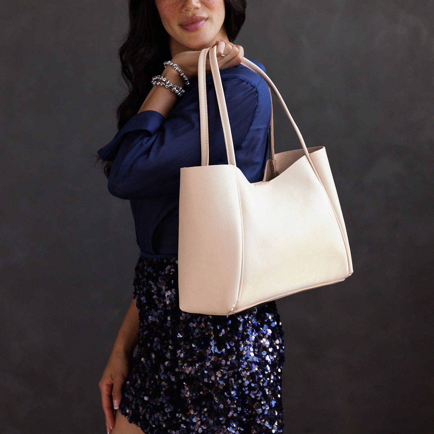 Moonflower*Large | Model holding midsize rectangular tote bag