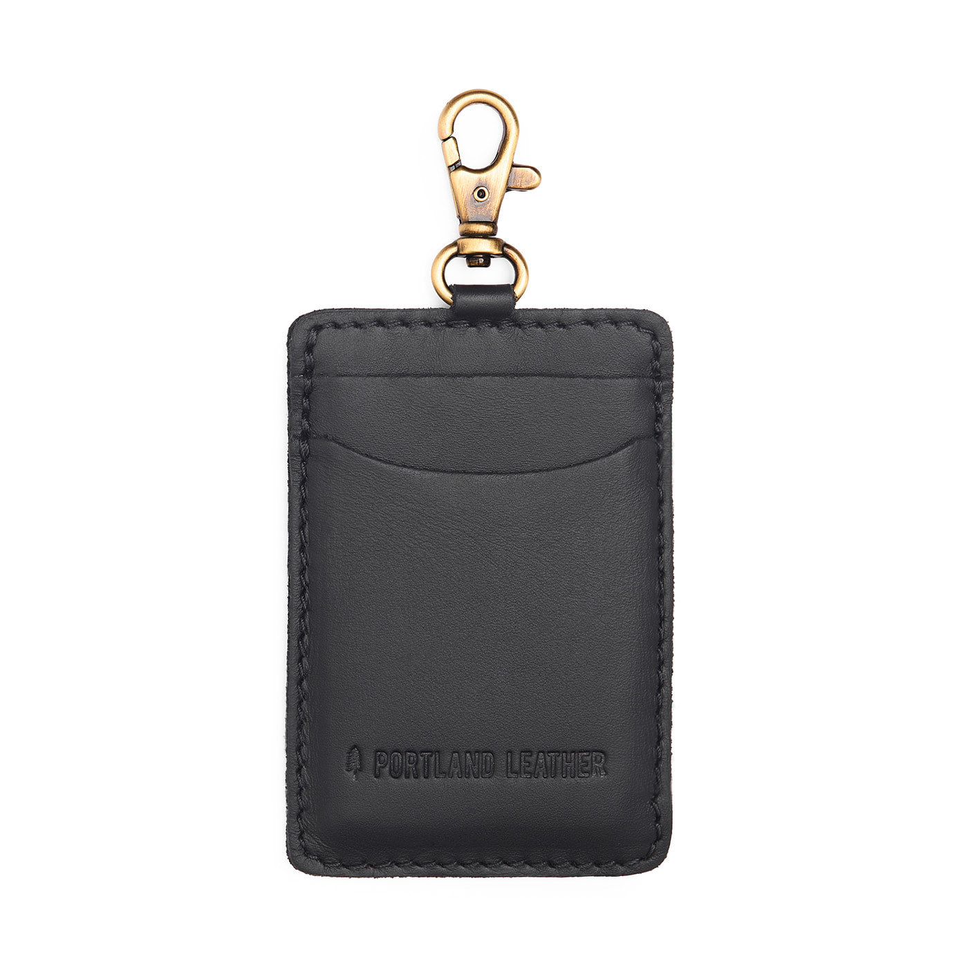 Black | A leather card holder with a swivel lobster clasp on a white background