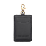 Black | A leather card holder with a swivel lobster clasp on a white background