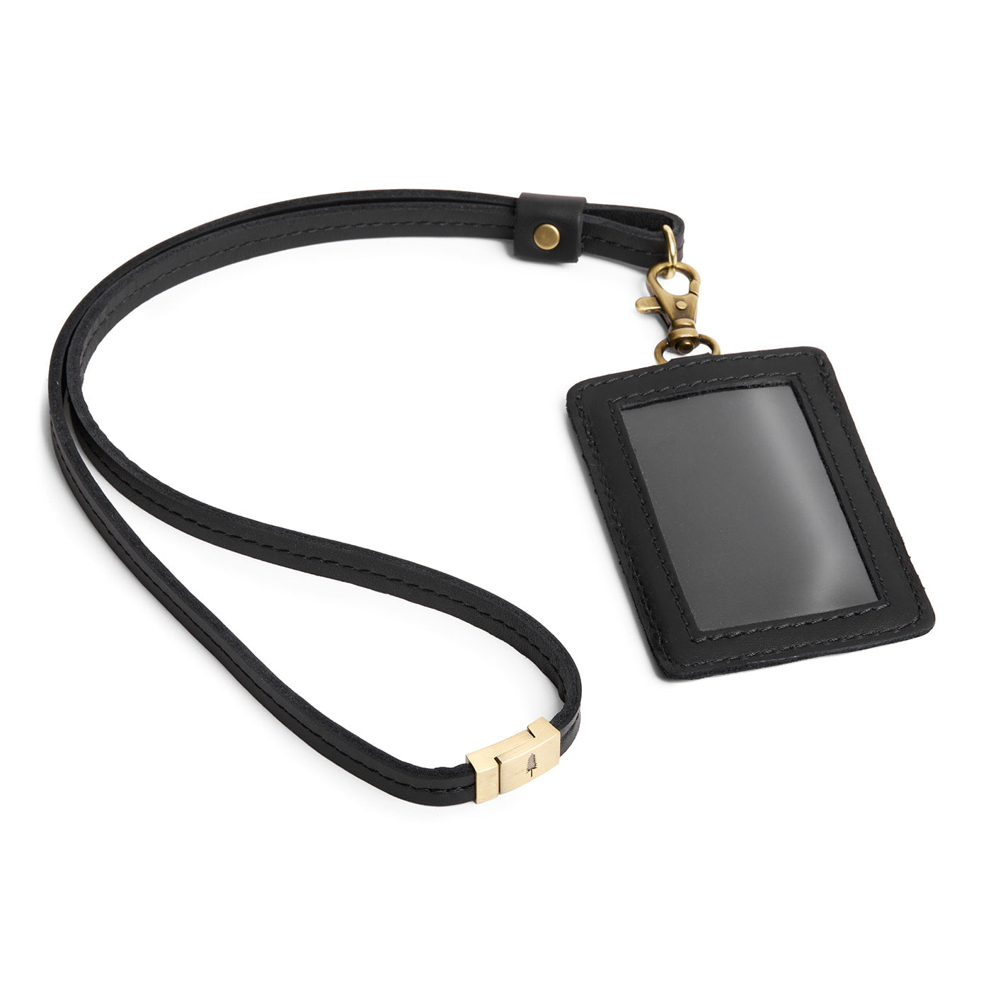 Black | A leather lanyard attached to a matching card holder on a white background