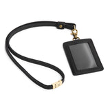 Black | A leather lanyard attached to a matching card holder on a white background