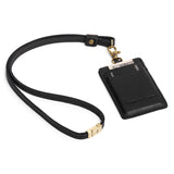 Black | A leather lanyard attached to a matching card holder on a white background