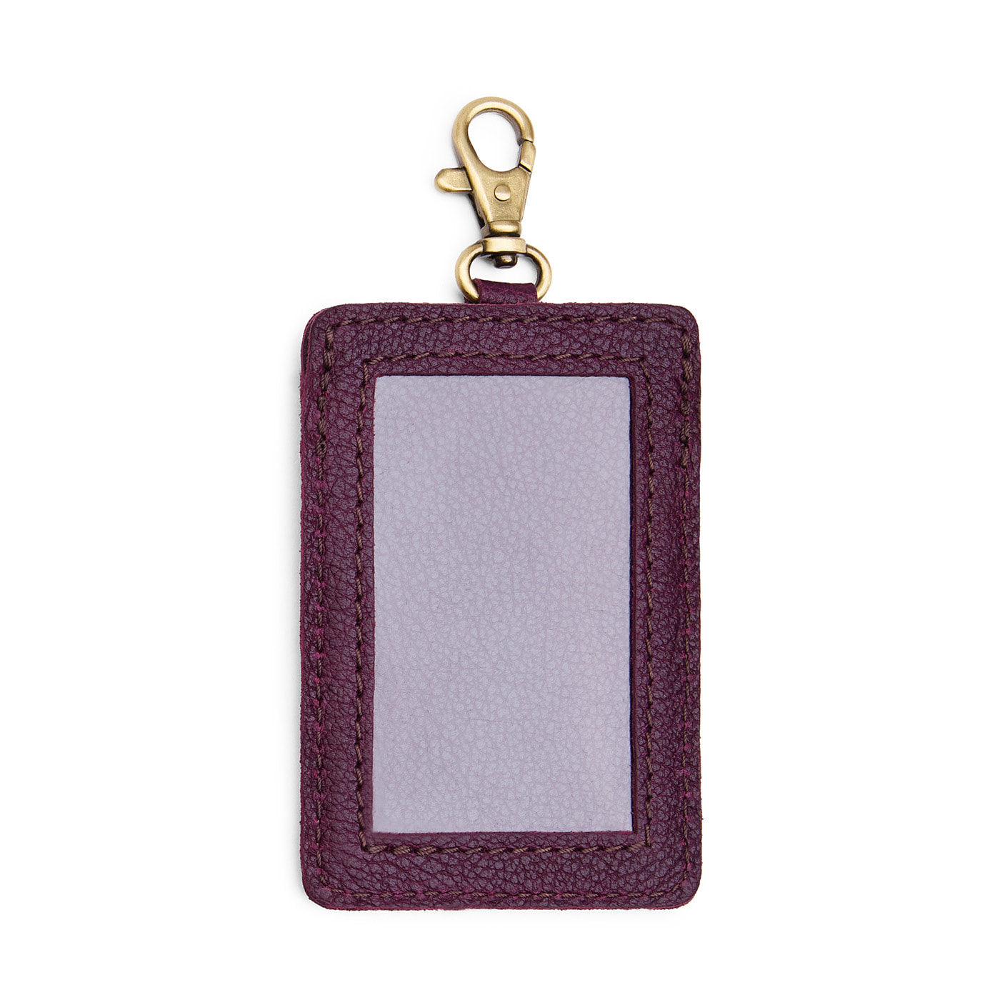 Plum | A leather card holder with a swivel lobster clasp on a white background