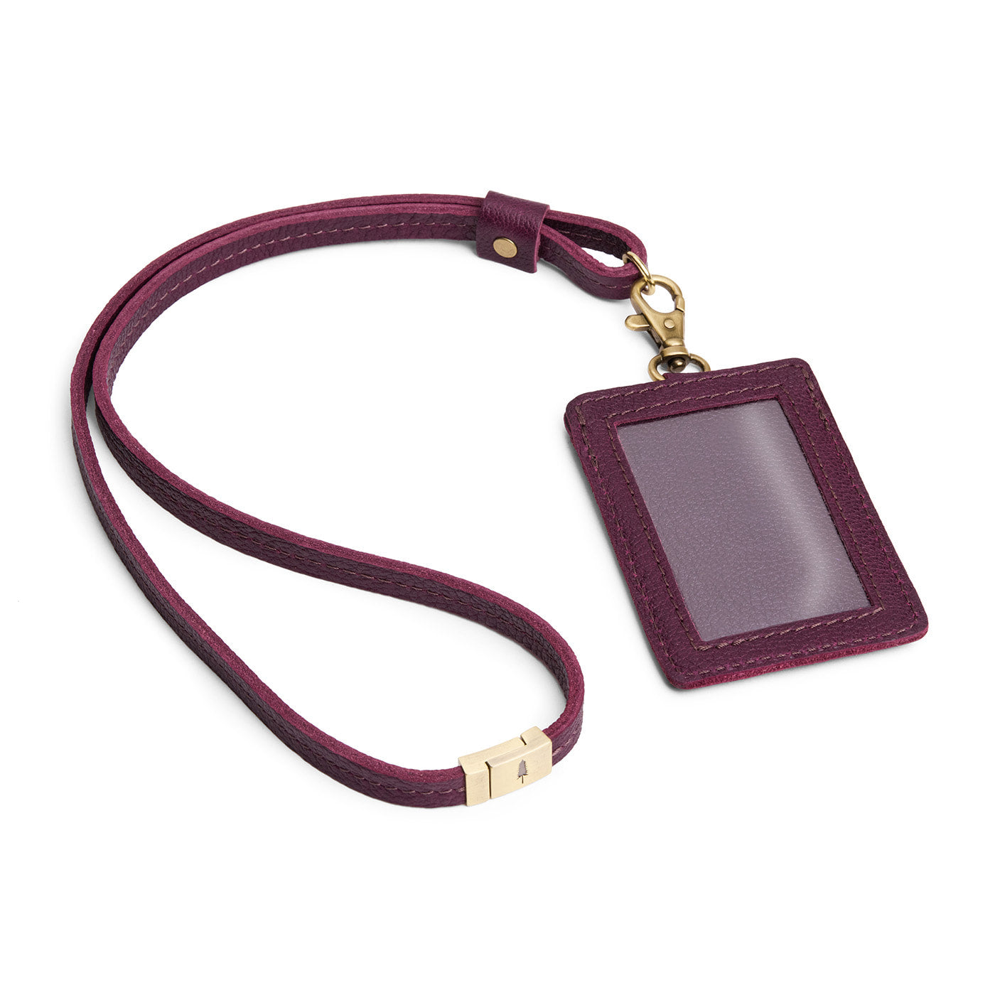 Plum | A leather lanyard attached to a matching card holder on a white background