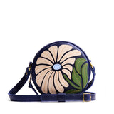 Wildflower Cobalt Small | Circle shaped crossbody bag with embroidered flower design