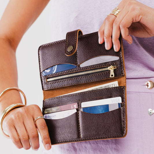 Coldbrew | Model holding leather wallet with snap open