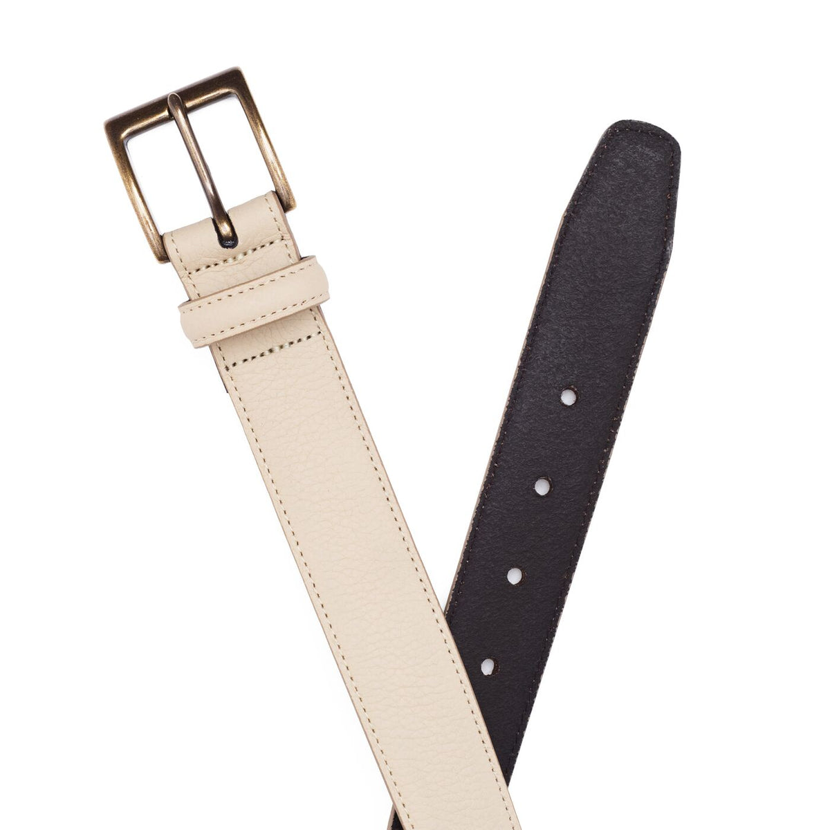 Marble | Front and back of leather belt with antiqued brass buckle