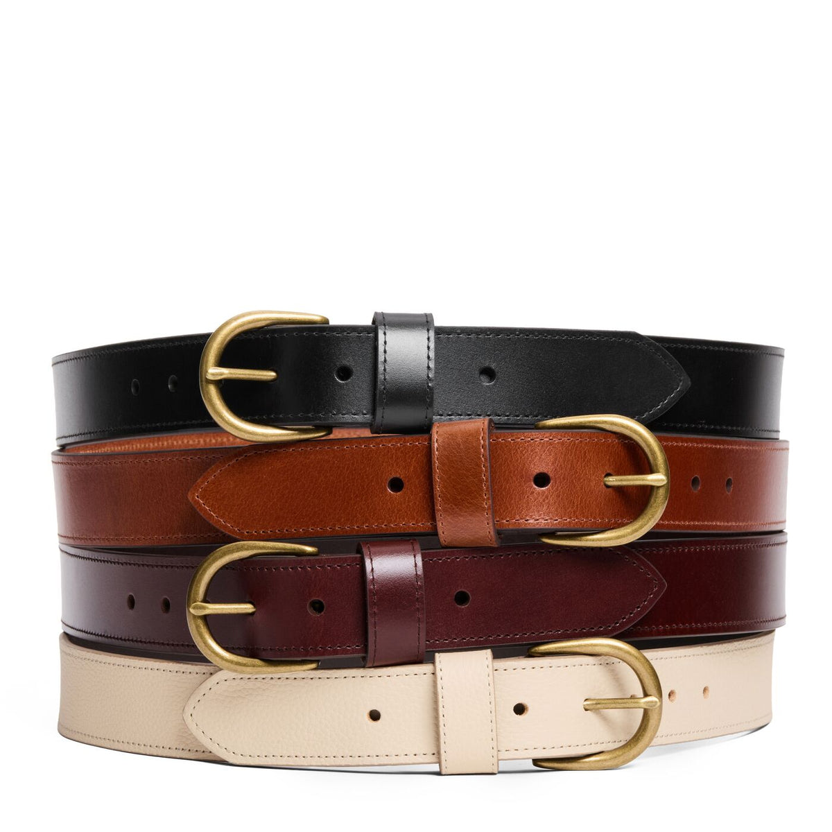 All Variants | Four wide double loop leather belts stacked on top of each other