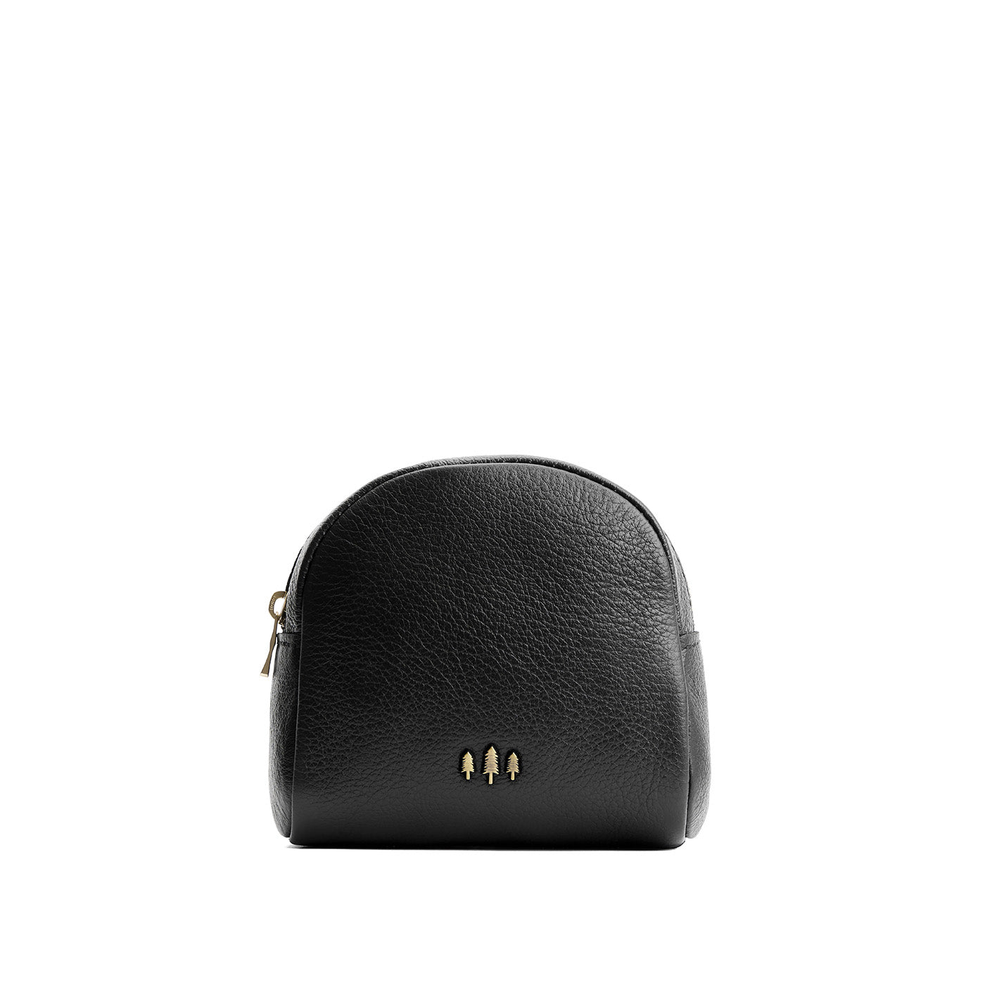 Pebbled--black | Curved top leather pouch with zipper opening, flat base, and three metal tree emblems in front