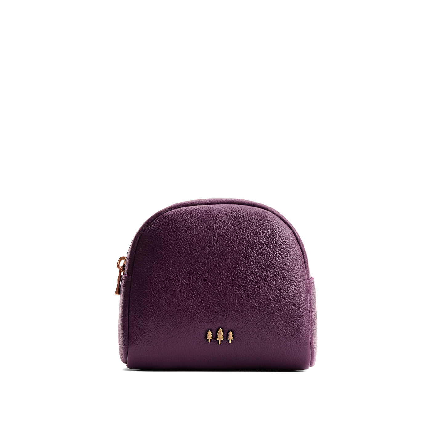 Plum | Curved top leather pouch with zipper opening, flat base, and three metal tree emblems in front